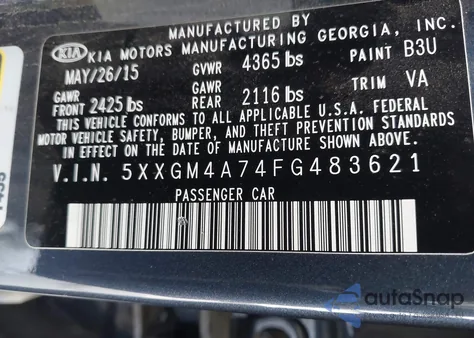 2015 Kia Optima Lx из США, поврежденный, VIN 5XXGM4A74FG483621